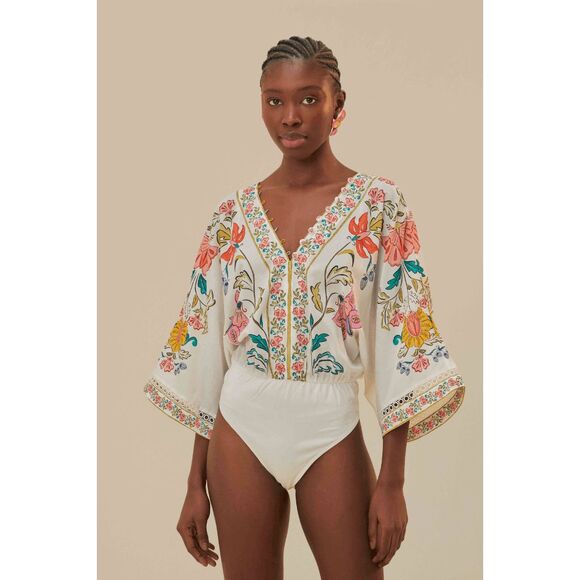 Farm Rio Off-White Insects Floral Kimono Sleeve Bodysuit Women's Size Small - Picture 1 of 9